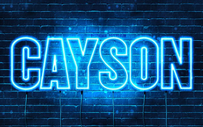 Cayson, 4k, fondos de pantalla con los nombres, el texto horizontal, Cayson nombre, luces azules de ne&#243;n, imagen con Cayson nombre