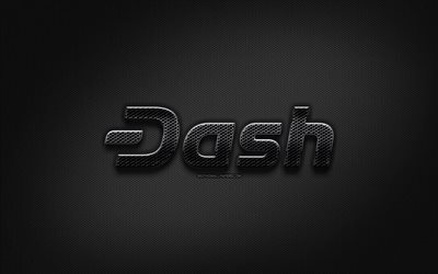 Dash black logo, cryptocurrency, grid metal background, Dash, artwork, creative, cryptocurrency signs, Dash logo