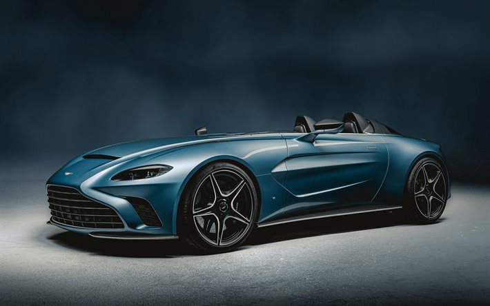 2021, Aston Martin V12 Speedster, 4K, luxury roadster, exterior, front view, new blue V12 Speedster, British supercars, Aston Martin