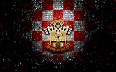 Southampton FC, glitter logotyp, Premier League, r&#246;d vit rutig bakgrund, fotboll, engelska football club, Southampton logotyp, mosaik konst, England
