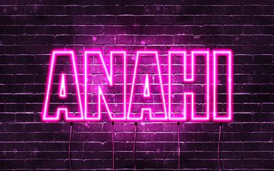 Anahi, 4k, wallpapers with names, female names, Anahi name, purple neon lights, horizontal text, picture with Anahi name