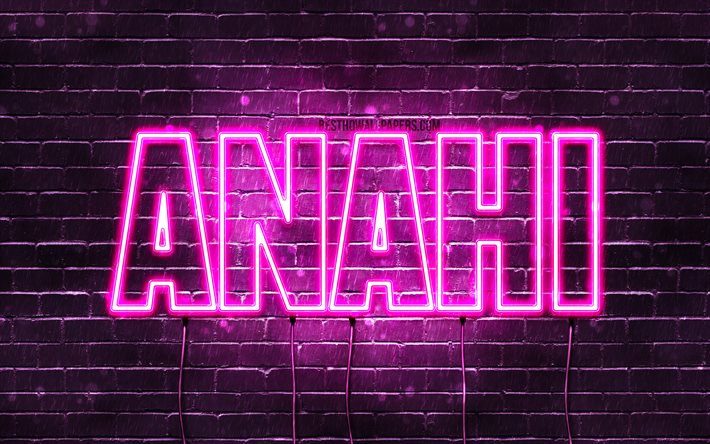 Anahi, 4k, taustakuvia nimet, naisten nimi&#228;, Anahi nimi, violetti neon valot, vaakasuuntainen teksti, kuva Anahi nimi