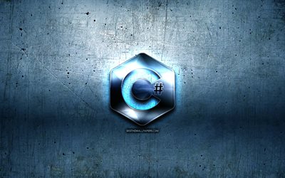C Sharp logo in metallo, grunge, linguaggio di programmazione segni, blu, metallo, sfondo, C Sharp, creativo, linguaggio di programmazione C Sharp logo