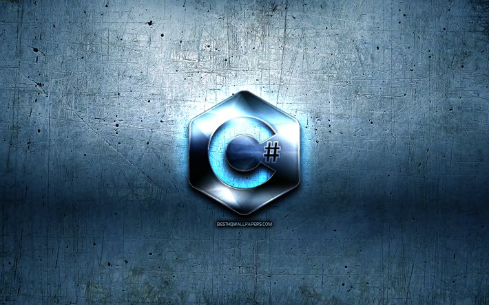 C Sharp metal logo, grunge, programming language signs, blue metal background, C Sharp, creative, programming language, C Sharp logo