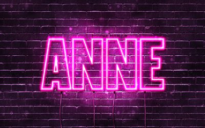 Anne, 4k, wallpapers with names, female names, Anne name, purple neon lights, horizontal text, picture with Anne name