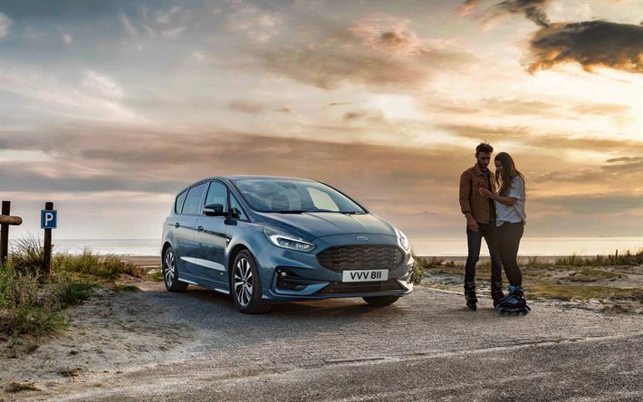 2020, Ford S-Max, 4k, front view, exterior, minivan, new blue S-Max, family cars, american cars, Ford