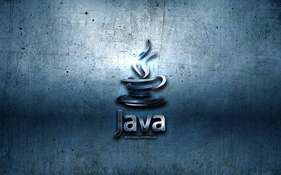 Java metall logo, grunge, programmeringsspr&#229;k tecken, bl&#229; metall bakgrund, Java, kreativa, programmeringsspr&#229;k, Java-logotypen