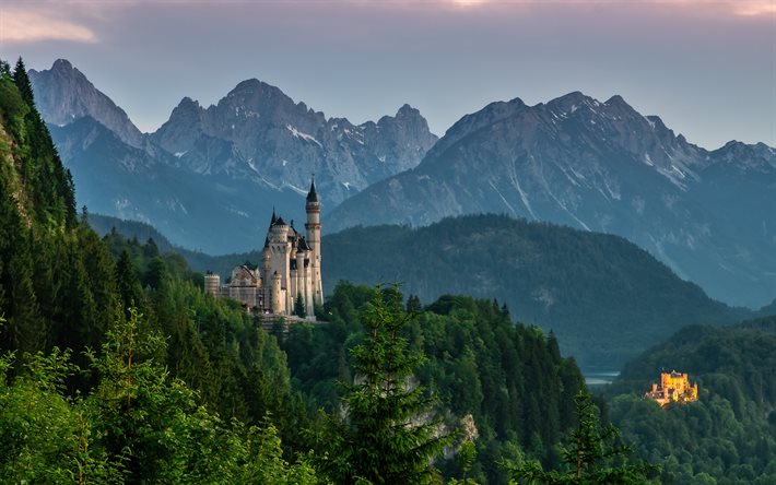 قلعة نويشفانشتاين, مساء, غروب الشمس, المناظر الطبيعية الجبلية, رومانسية القلعة, جبال الألب, بافاريا, ألمانيا