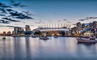 BC Place Vancouver, kv&#228;ll, sunset, kanadensiska stadium, stadsbilden, Vancouver, British Columbia, Kanada