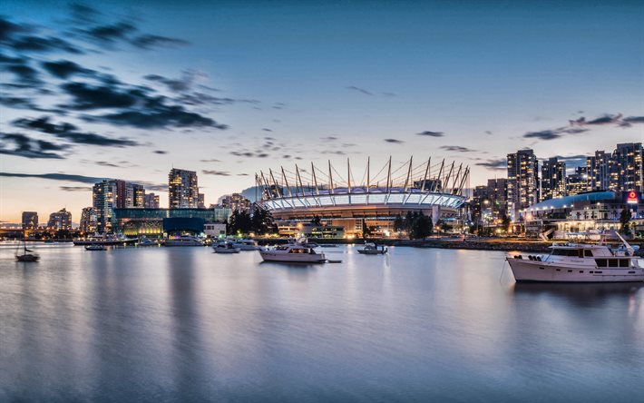 Vancouverin BC Place, illalla, sunset, kanadan stadium, kaupunkikuva, Vancouver, British Columbia, Kanada