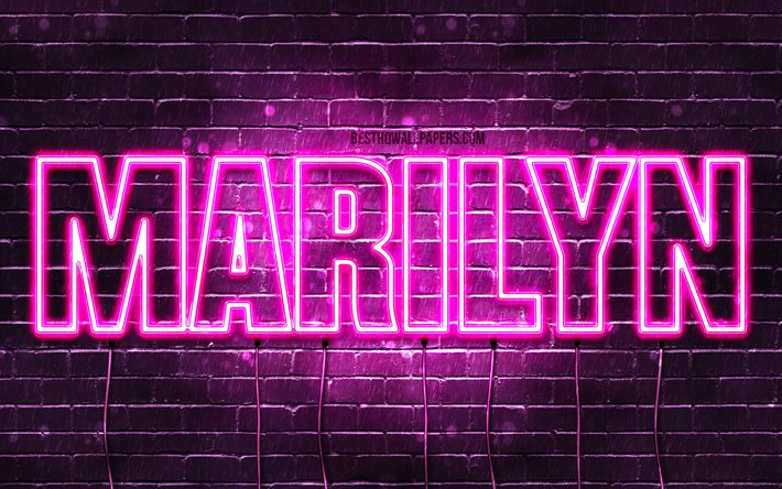 Marilyn, 4k, wallpapers with names, female names, Marilyn name, purple neon lights, horizontal text, picture with Marilyn name