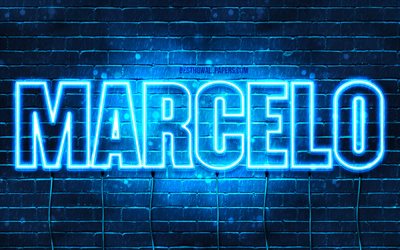 Marcelo, 4k, pap&#233;is de parede com os nomes de, texto horizontal, Marcelo nome, luzes de neon azuis, imagem com nome de Marcelo