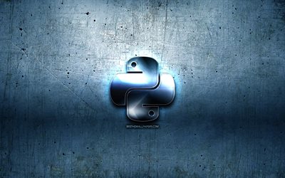 Python metal logo, grunge, dil işaretleri, mavi metal arka plan, Python, yaratıcı programlama, programlama dili, Python logosu