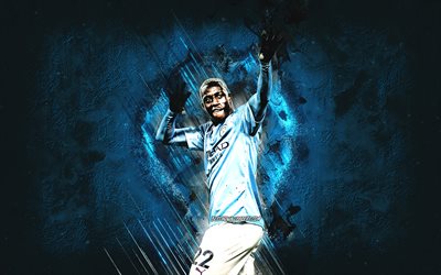 Benjamin Mendy, French footballer, Manchester City FC, portrait, blue stone background, Premier League, England, football