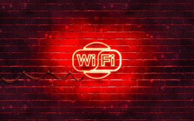 O acesso Wi-Fi gratuito sinal vermelho, 4k, vermelho brickwall, O acesso Wi-Fi gratuito sinal, marcas, Wi-Fi, sinal de n&#233;on