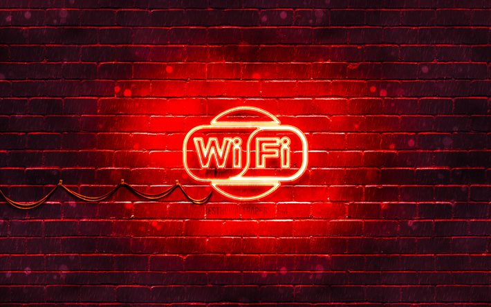 La connessione Wi-Fi gratuita, rosso, segno, 4k, brickwall, la connessione Wi-Fi gratuita, marche, connessione internet Wi-Fi gratuita, luci al neon