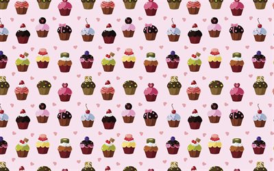 cartoon cakes pattern, 4k, background with cakes, creative, cakes textures, kids textures, cartoon cakes background, cakes patterns, cakes backgrounds
