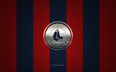 Boston Red Sox logo, Amerikan beyzbol kul&#252;b&#252;, metal amblem, kırmızı, mavi Hasır arka plan, Boston Red Sox, HABERLER, Boston, Massachusetts, ABD, beyzbol