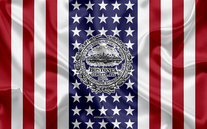 Boston Seal, 4k, silk texture, American Flag, USA, Boston, Massachusetts, American City, Seal of the Boston, silk flag
