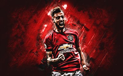 Bruno Fernandes, Manchester United FC, Portuguese footballer, midfielder, portrait, red stone background, Premier League, England, football