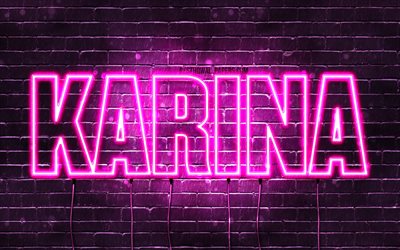 Karina, 4k, wallpapers with names, female names, Karina name, purple neon lights, horizontal text, picture with Karina name