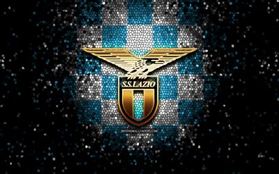 Lazio FC, glitter logotyp, Serien, bl&#229;-vit rutig bakgrund, fotboll, SS Lazio, italiensk fotboll club, Lazio logotyp, mosaik konst, Italien