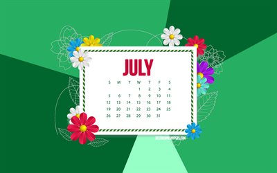 2020 juillet Calendrier, fond vert, image avec des fleurs, 2020 &#233;t&#233; calendriers, juillet, fleurs d&#39;art, juillet 2020 calendrier