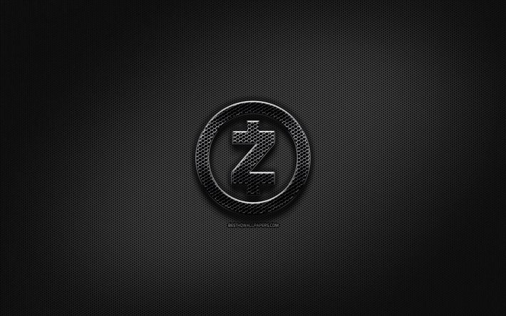 Zcash logo nero, cryptocurrency, griglia in metallo, sfondo, Zcash, opere d&#39;arte, creativo, cryptocurrency segni, Zcash logo