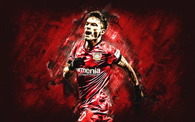 Charles Aranguiz, Bayer 04 Leverkusen, Chilean soccer player, midfielder, portrait, red stone background, football, creative art, Bundesliga, Germany