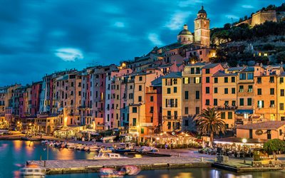 Akşam Porto Venere, HDR, yaz, İtalyan şehirleri, liman, Liguria, İtalya, Avrupa, Porto Venere