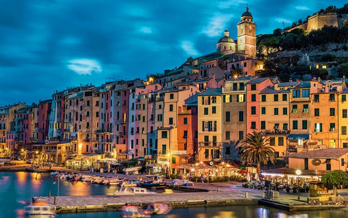 Porto Venere, HDR, el verano, las ciudades italianas, el puerto, Liguria, Italia, Europa, Porto Venere por la tarde