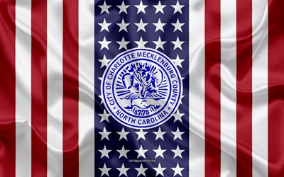 Charlotte Tiiviste, 4k, silkki tekstuuri, Amerikan Lippu, USA, Charlotte, Pohjois-Carolina, Amerikkalainen Kaupunki, Sinetti Charlotte, silkki lippu