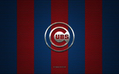 chicago cubs logo, american baseball club -, metall-emblem, rot, blau, metall-mesh-hintergrund, chicago cubs mlb, chicago, illinois, usa, baseball