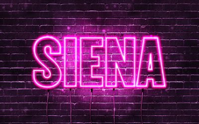 Siena, 4k, adları Siena adıyla, Bayan isimleri, Siena adı, mor neon ışıkları, yatay metin, resim ile duvar kağıtları