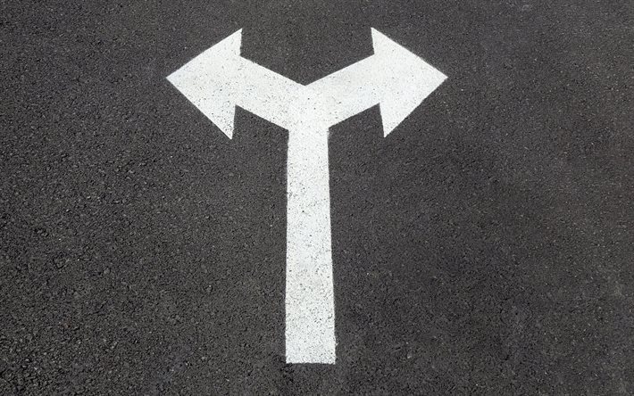 la selecci&#243;n de ruta, flecha blanca sobre el asfalto, elige tu camino, cruce de caminos, conceptos de negocio