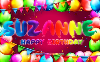 お誕生日おめでSuzanne, 4k, カラフルバルーンフレーム, Suzanne名, 紫色の背景, Suzanneお誕生日おめで, Suzanne誕生日, 人気のフランスの女性の名前, 誕生日プ, Suzanne