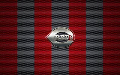 Cincinnati Reds logotyp, Amerikansk baseball club, metall emblem, r&#246;d svart metalln&#228;t bakgrund, Cincinnati Reds, MLB, Cincinnati, Ohio, USA, baseball