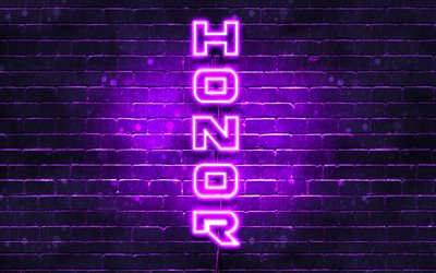 4K, 名誉紫ロゴ, テキストの垂直, 紫brickwall, 名誉ネオンのロゴ, 創造, 名誉ロゴ, 作品, 名誉