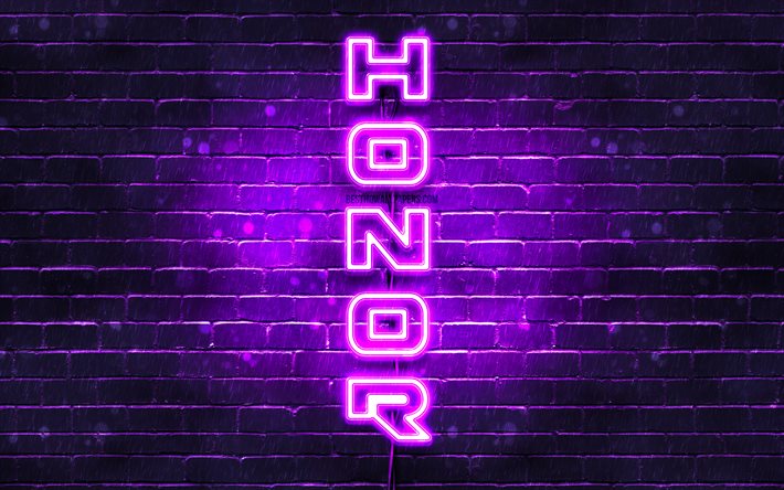4k ehre violett-logo, vertikaler text, violett brickwall, ehre, neon-logo, kreativ, ehren-logo, artwork