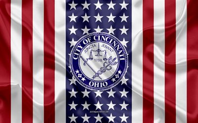 Cincinnati Sello, 4k, de seda, de textura, de la Bandera Americana, estados UNIDOS, Cincinnati, Ohio, la Ciudad de Am&#233;rica, el Sello de los Cincinnati, bandera de seda