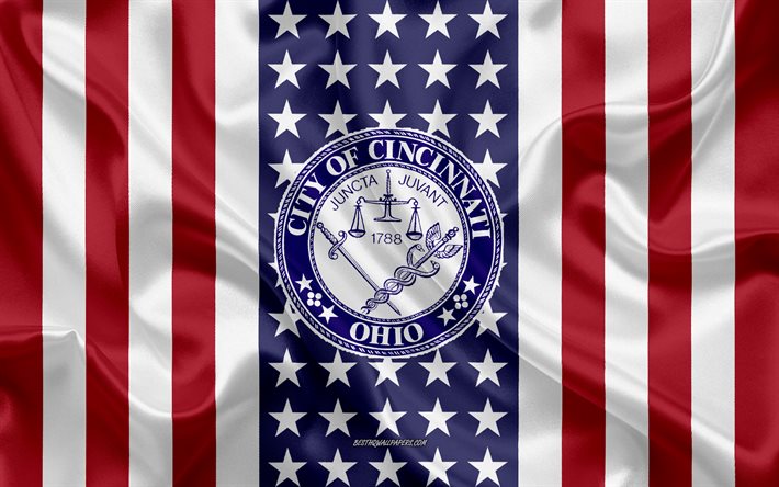 Cincinnati Selo, 4k, textura de seda, Bandeira Americana, EUA, Cincinnati, Ohio, Cidade Americana, Selo de Cincinnati, seda bandeira
