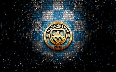 Manchester City FC, glitter logotyp, Premier League, bl&#229;-vit rutig bakgrund, fotboll, FC-Manchester City, engelska football club, Manchester City-logotypen, mosaik konst, England