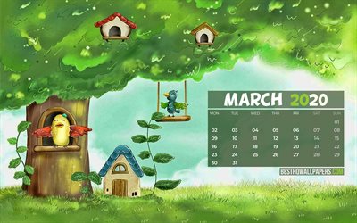 4k, March 2020 Calendar, artwork, 2020 calendar, cartoon spring landscape, cartoon birds, spring calendars, March 2020, creative, Calendar March 2020, abstract art, 2020 calendars