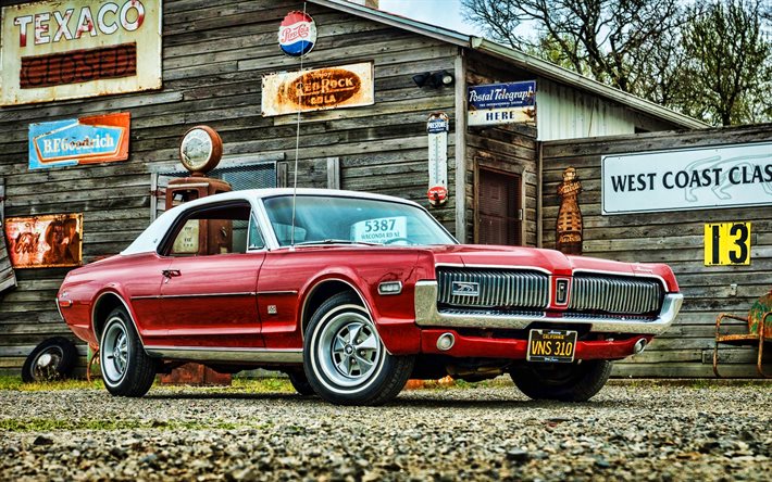 Mercury Cougar, autotalli, 1968 autoja, retro autot, HDR, lihas autoja, 1968 Mercury Cougar, amerikkalaisten autojen, Elohopeaa