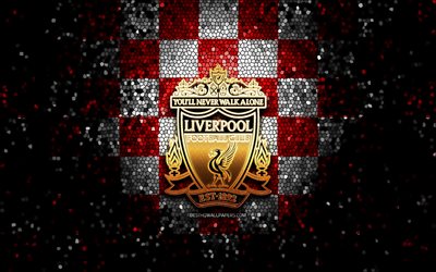 O Liverpool FC, glitter logotipo, Premier League, vermelho branco fundo quadriculado, futebol, Liverpool FC, clube de futebol ingl&#234;s, Logotipo do Liverpool, arte em mosaico, Inglaterra, LFC
