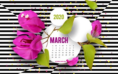 2020 Mart Takvim, &#231;i&#231;ekler, yaratıcı sanat arka plan, Mart, 2020 bahar takvimleri, siyah ve beyaz &#231;izgili arka plan, Mart 2020 Takvim, mor &#231;i&#231;ekler