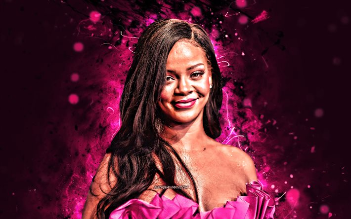Rihanna, 4k, lila neon lights, musik stj&#228;rnor, en amerikansk uppriktigt sagt, konstverk, amerikansk k&#228;ndis, Robyn Rihanna Fenty, sk&#246;nhet, Rihanna 4K