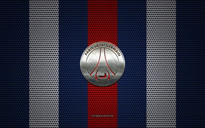 PSG logo, le Paris Saint-Germain, club fran&#231;ais de football, embl&#232;me m&#233;tallique, bleu blanc rouge de maille en m&#233;tal d&#39;arri&#232;re-plan, le PSG, Ligue 1, Paris, France, le football