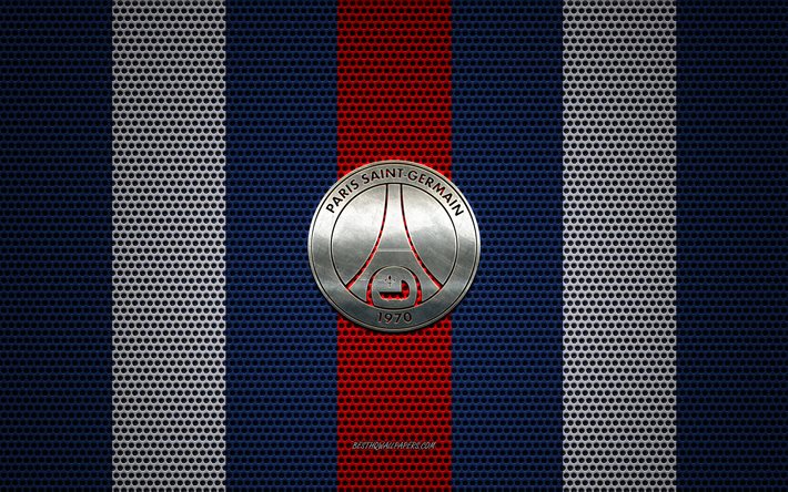 PSG logotyp, Paris Saint-Germain, Franska fotbollsklubben, metall emblem, bl&#229; r&#246;d vit metall mesh bakgrund, PSG, Liga 1, Paris, Frankrike, fotboll