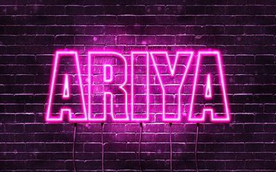 Ariya, 4k, fondos de pantalla con los nombres, los nombres femeninos, Ariya nombre, p&#250;rpura luces de ne&#243;n, el texto horizontal, imagen con Ariya nombre